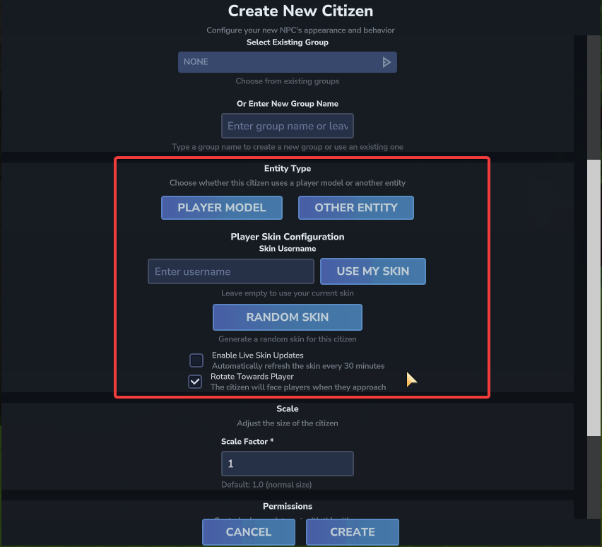 The Entity Type section showing the 'Player Model' and 'Other Entity' toggle buttons, with the Player Skin Configuration card visible